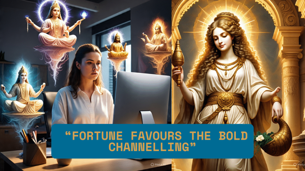 Katische Haberfield sitting at a computer Channelling the Deities of Wealth and Fortuna