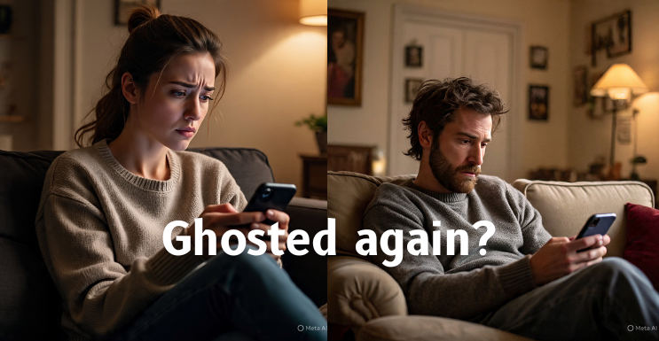 Two people stare at their phones wondering why they have been ghosted?