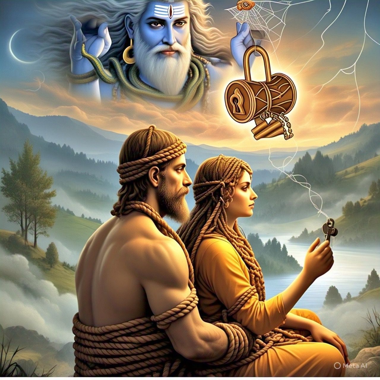 binding contracts shiva A picture of a woman and a man bound by a binding contract and Lord Shiva is offering the key to free their souls of the binding contract.